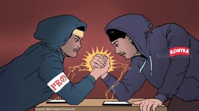 Illustration of ‘pro’ and ‘contra’ buzzers, featured in one of the growing number of news articles explaining the role of buzzers in Indonesian politics (Suara.com, 14 October 2019) / Suara.com/Iqbal Asaputro